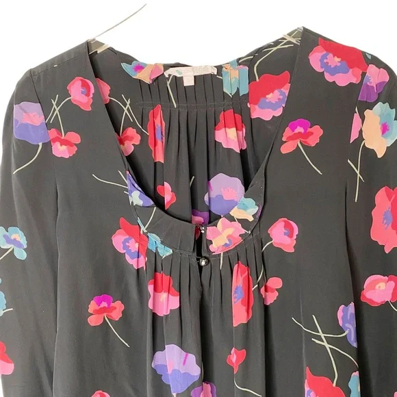Rebecca Taylor Silk Black Floral Smocked Pleated Blouse Top 4 - Picture 2 of 8
